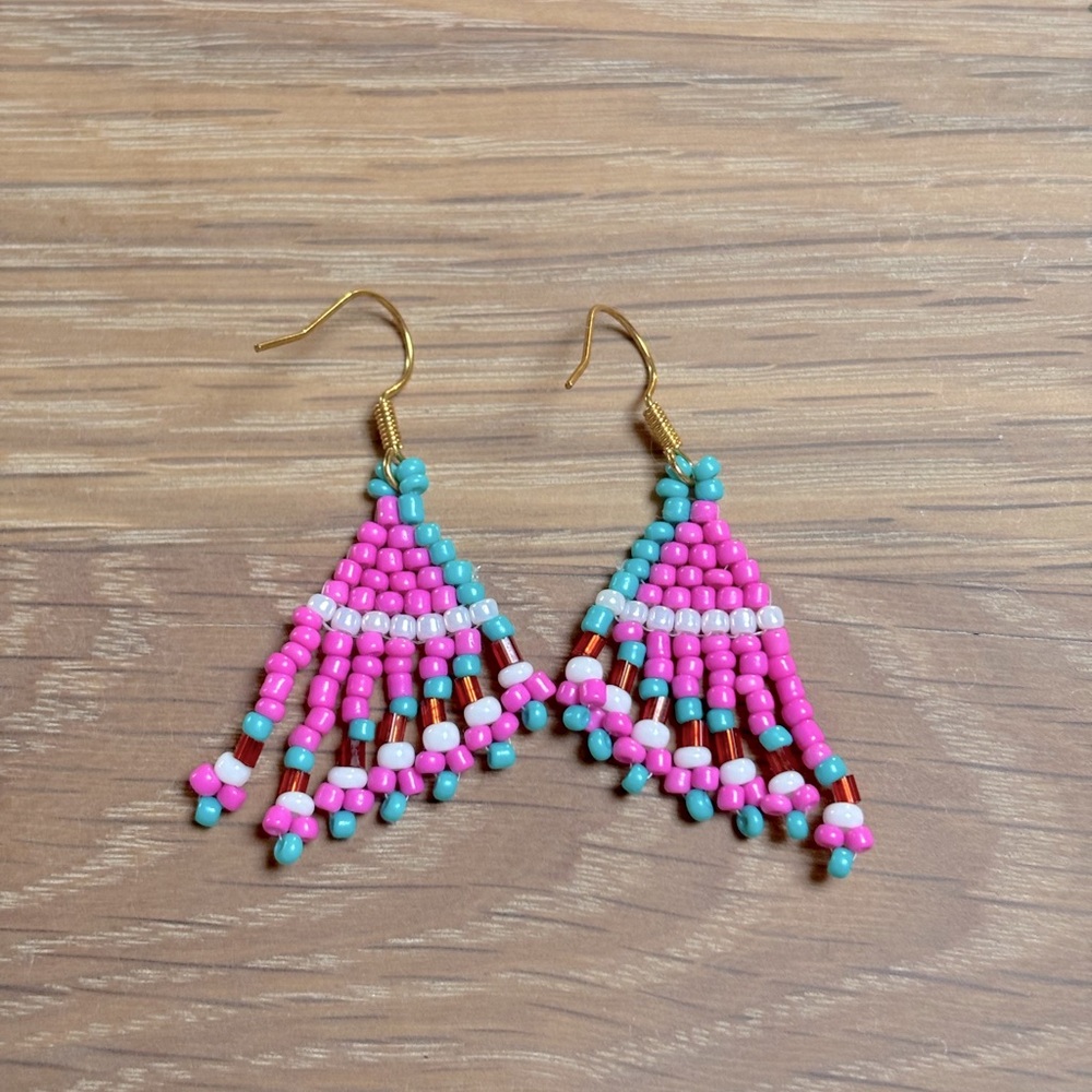Vibrant Pink and Turquoise Beaded Earrings - Picture 3 of 3